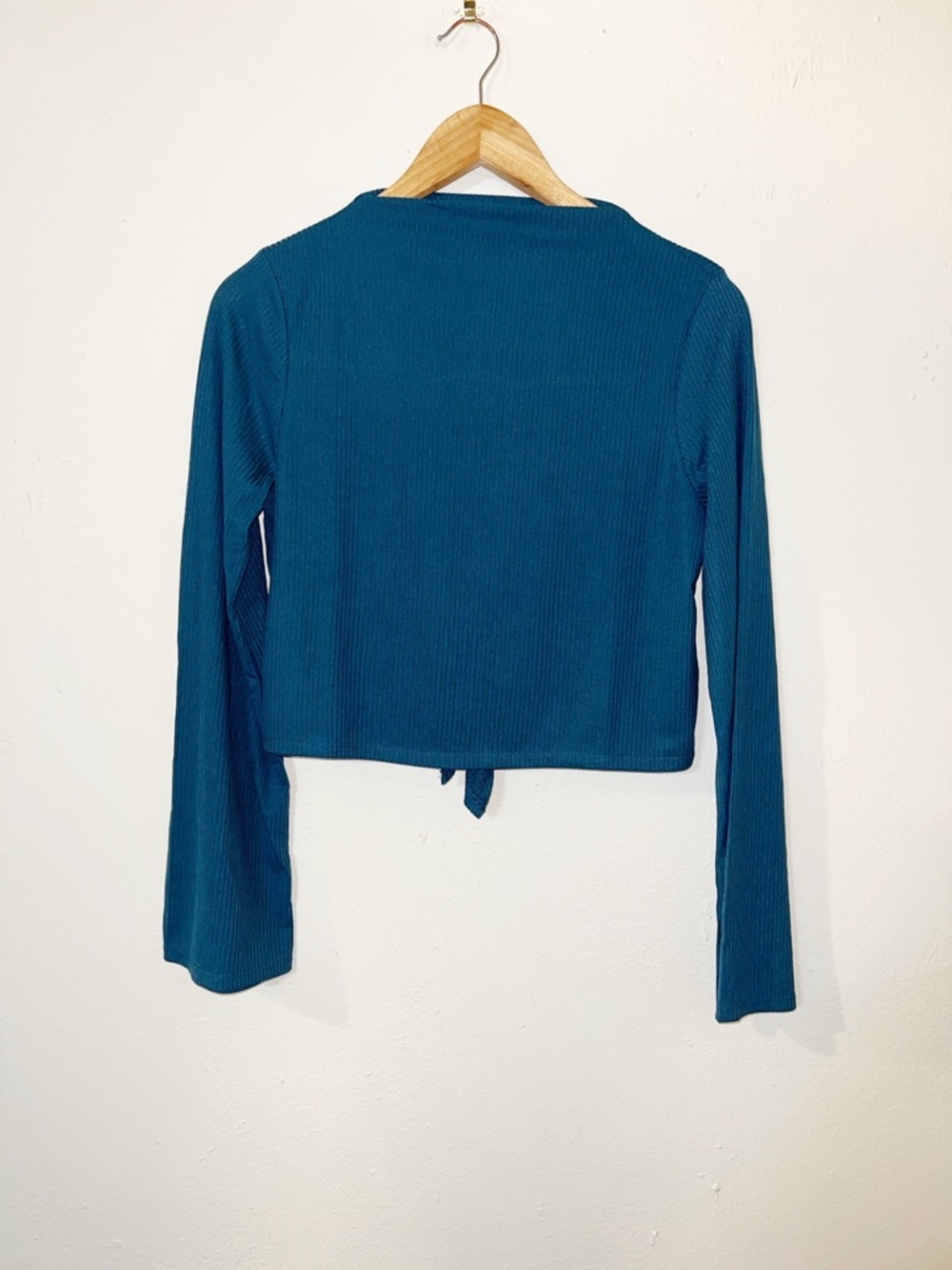 Band of the free ribbed teal bell long sleeve open tie back women's top new